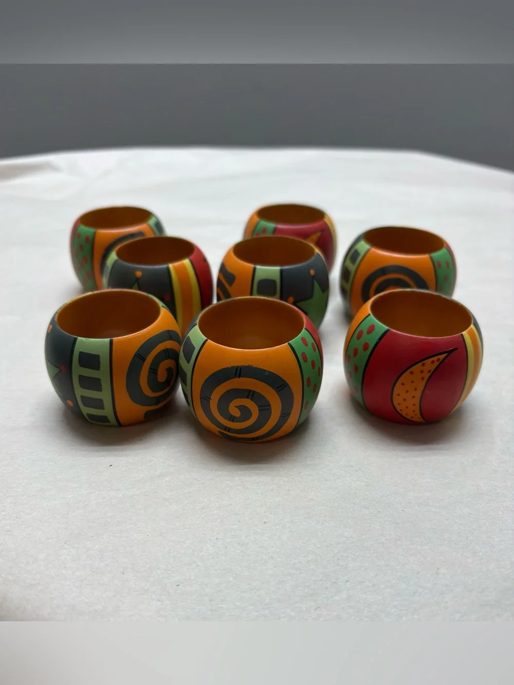 Colorful Hand-Painted Wooden Napkin Ring Set - Bright Orange & Multi